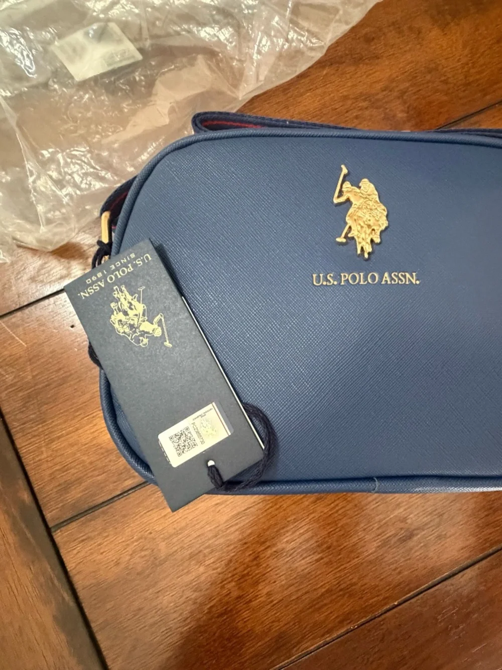NWT U.S. Polo Blue crossbody bag with gold logo detail